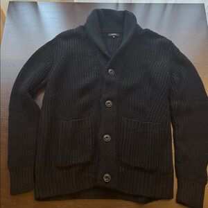 Quince 100% Merino Wool Men’s Black Shawl Collar Button Up Rib Knit Cardigan